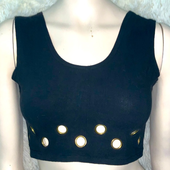 Vintage 80s Black Crop Top with Gold Accents - Picture 1 of 10